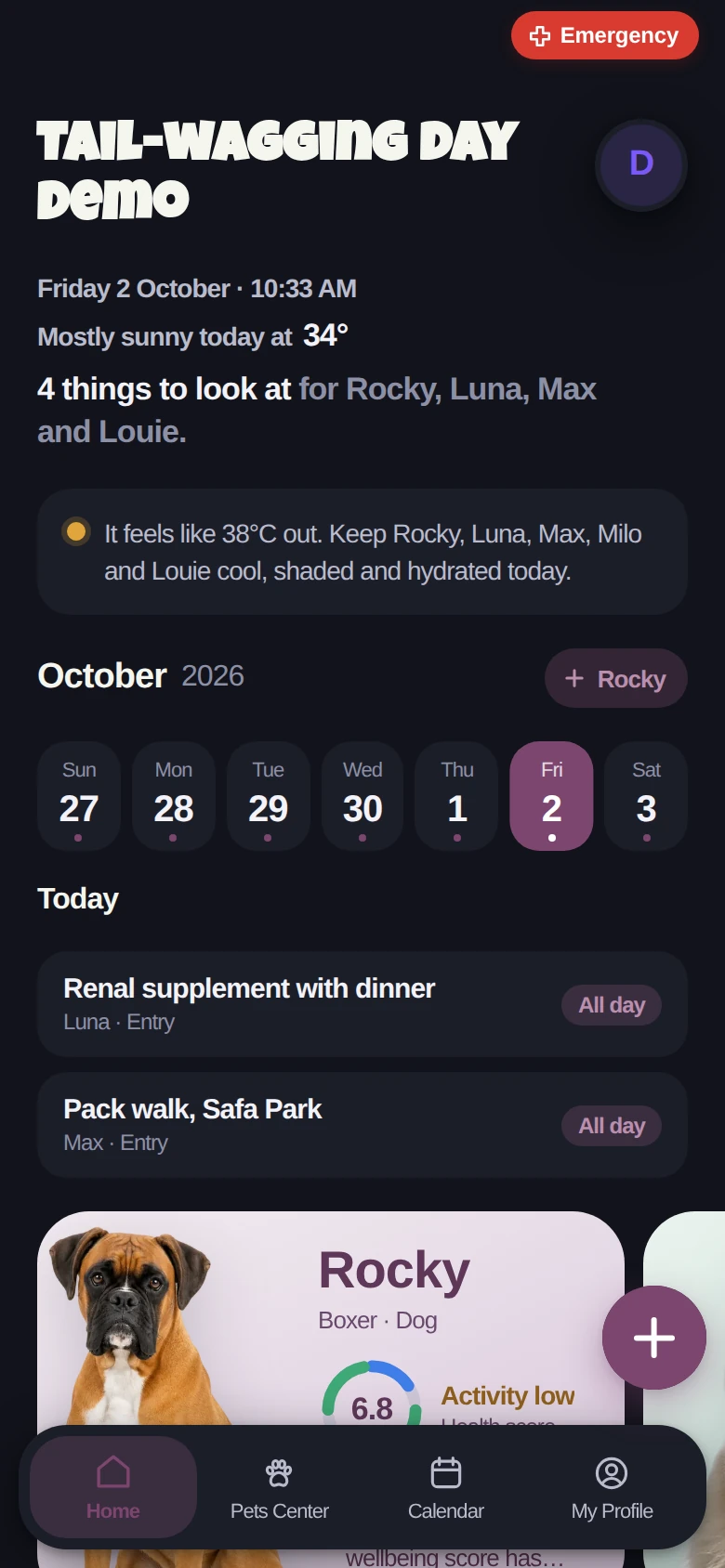 The Aniis home screen: today’s weather warning, a care calendar, the day’s tasks and a card for Rocky.