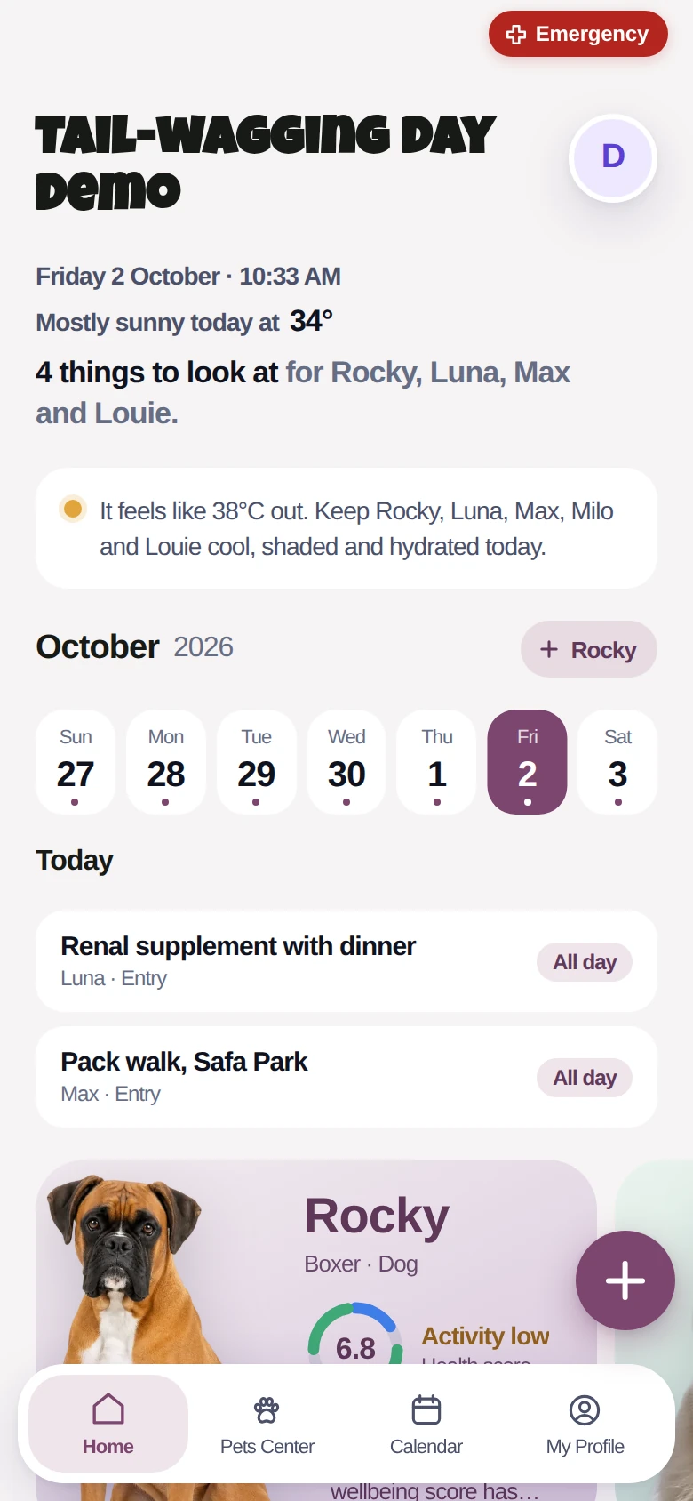 The Aniis home screen: today’s weather warning, a care calendar, the day’s tasks and a card for Rocky.