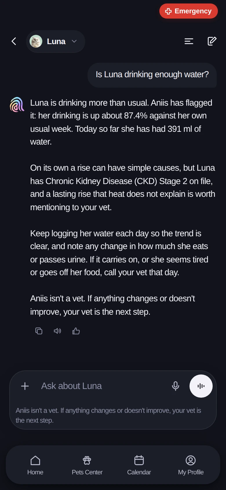 Ask Aniis answering “Is Luna drinking enough water?” from Luna’s own logs and history, and ending with: your vet is the next step.