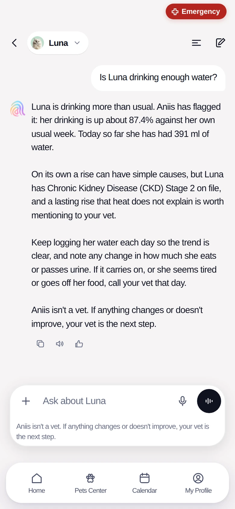 Ask Aniis answering “Is Luna drinking enough water?” from Luna’s own logs and history, and ending with: your vet is the next step.