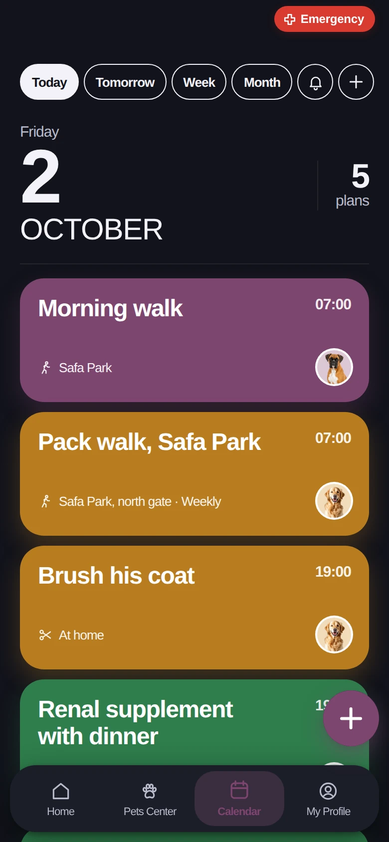 The care calendar for Friday 2 October: a morning walk, a pack walk at Safa Park, grooming and a renal supplement.