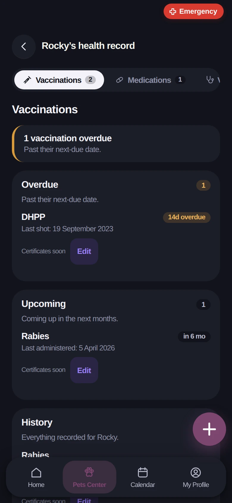 Rocky’s health record, showing one vaccination overdue and the next one due.