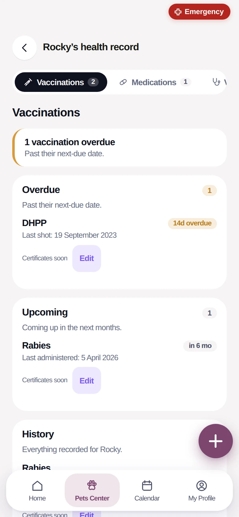 Rocky’s health record, showing one vaccination overdue and the next one due.