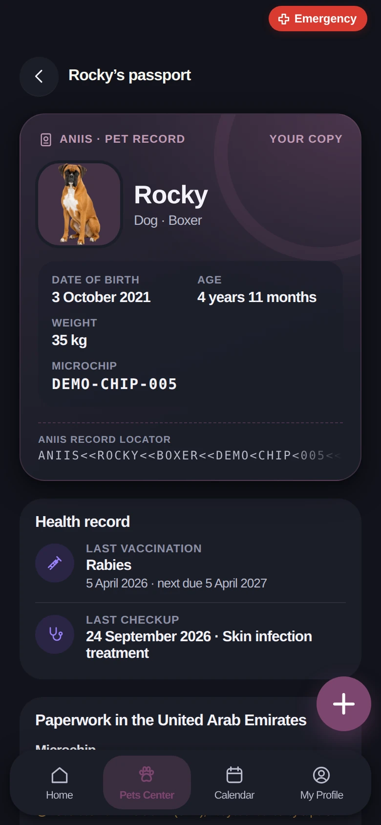 Rocky’s pet passport in Aniis: date of birth, weight, microchip, and his latest vaccination and check-up.
