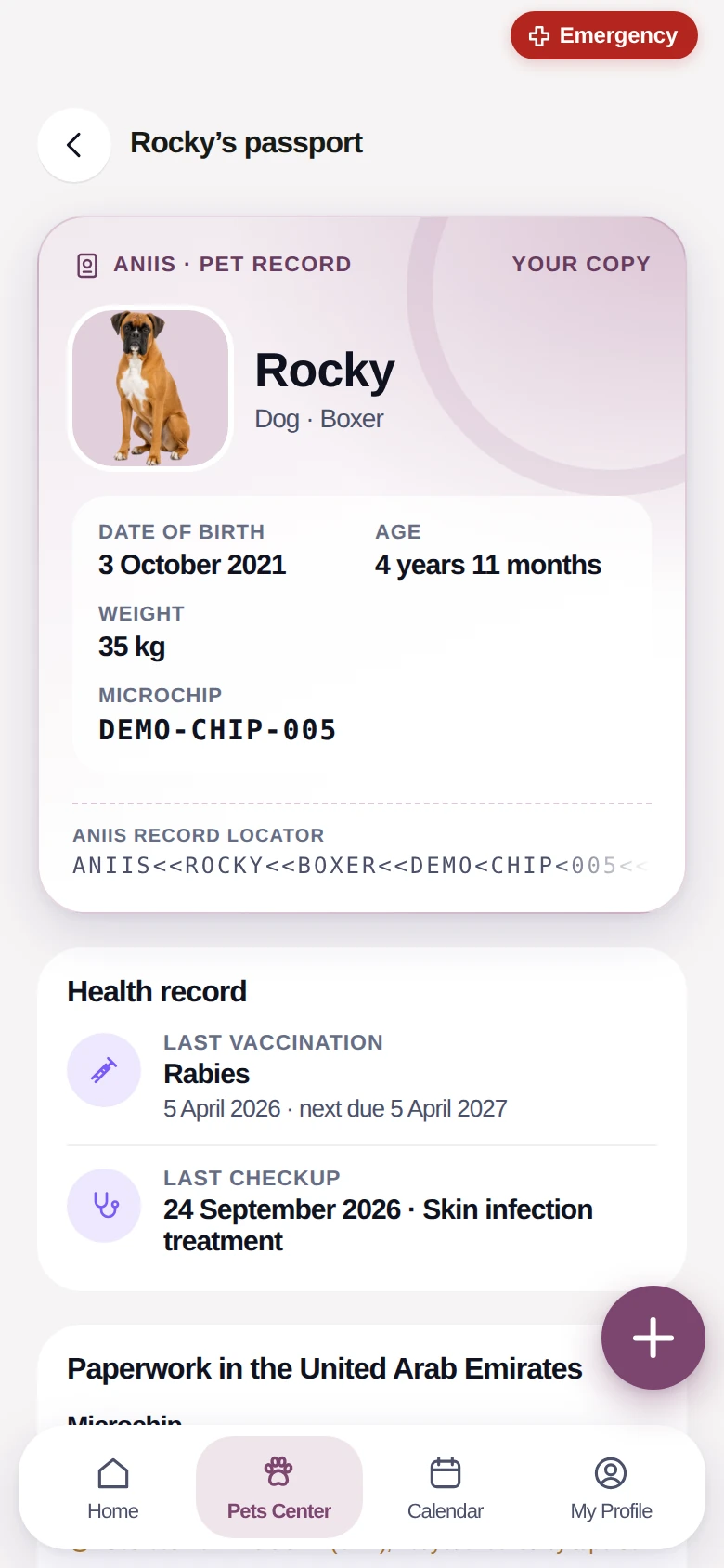 Rocky’s pet passport in Aniis: date of birth, weight, microchip, and his latest vaccination and check-up.